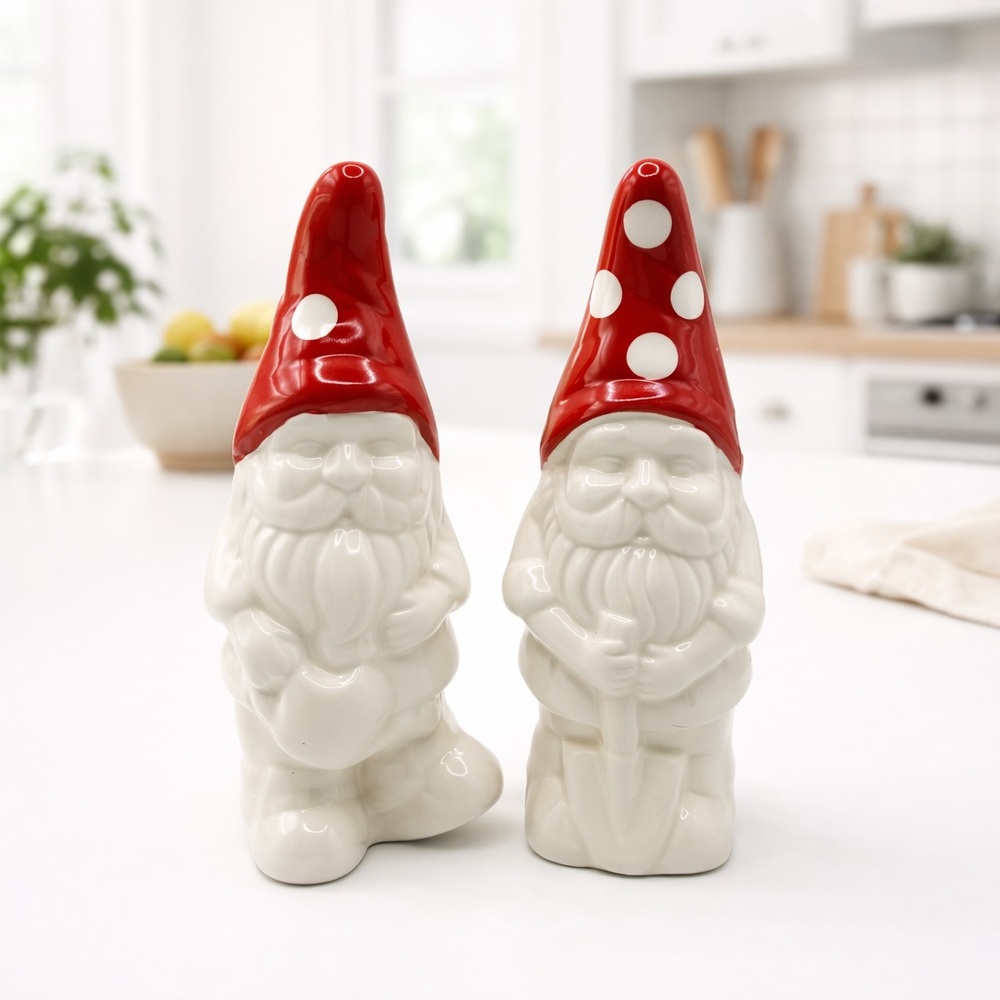 Gnome Salt & Pepper Shakers Set Porcelain Red & Off White Kitchen Decor